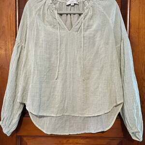 LOFT Green and White Striped Seersucker Raglan Tie-Neck Blouse